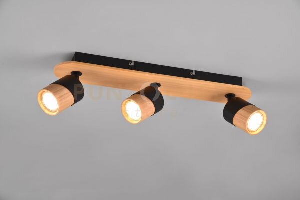 Aruni barra 3 spots orientabili metallo nero e legno naturale l. 48