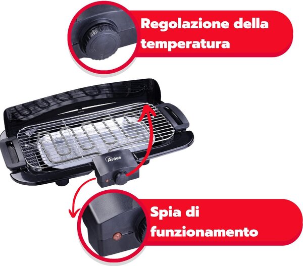 Ardes Barbecue Elettrico da Giardino da Tavolo Portatile BBQ da Esterno con Termostato Potenza 2000 Watt - AR1B02