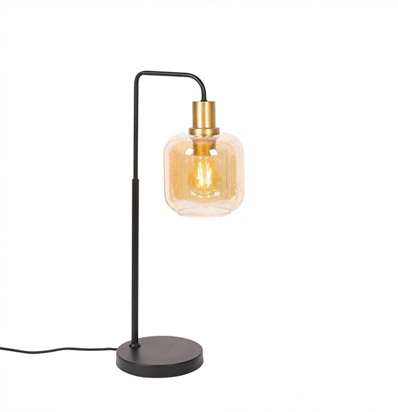 Lampada da tavolo di design nera con ottone e vetro ambrato - Zuzanna