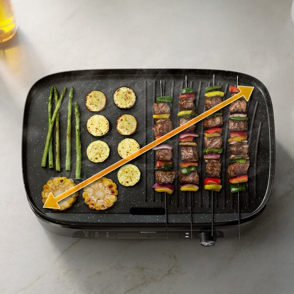 Philips Barbecue Elettrico da Tavolo Grill Elettrico Potenza 2400W Alluminio con Piastre Rimovibili colore Nero - HD6210/90