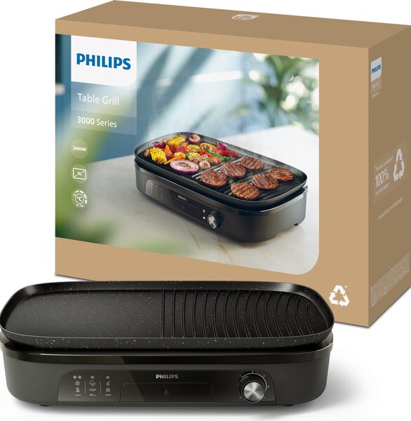 Philips Barbecue Elettrico da Tavolo Grill Elettrico Potenza 2400W Alluminio con Piastre Rimovibili colore Nero - HD6210/90