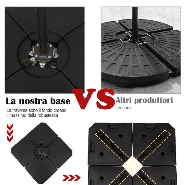 VivaGarden Base per Ombrellone a Braccio da 4 Pezzi Riempibile con Acqua o Sabbia per Basi a Croce da 100x100 cm colore Nero