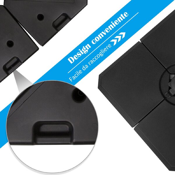 VivaGarden Base per Ombrellone a Braccio da 4 Pezzi Riempibile con Acqua o Sabbia per Basi a Croce da 100x100 cm colore Nero