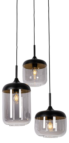 Lampada a sospensione nera con oro e vetro fumé 3 luci rotonda - Kyan