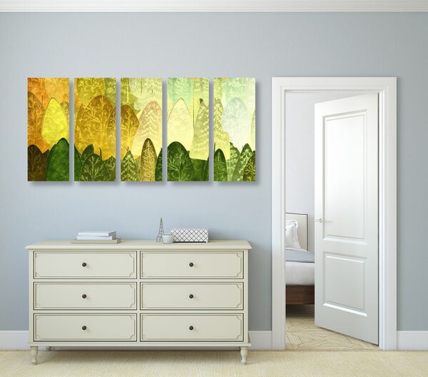 Quadri 5 pezzi – Alberi asimmetrici verdi