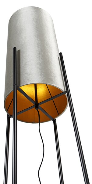 Lampada da terra moderna nera con paralume in velluto grigio - Rich