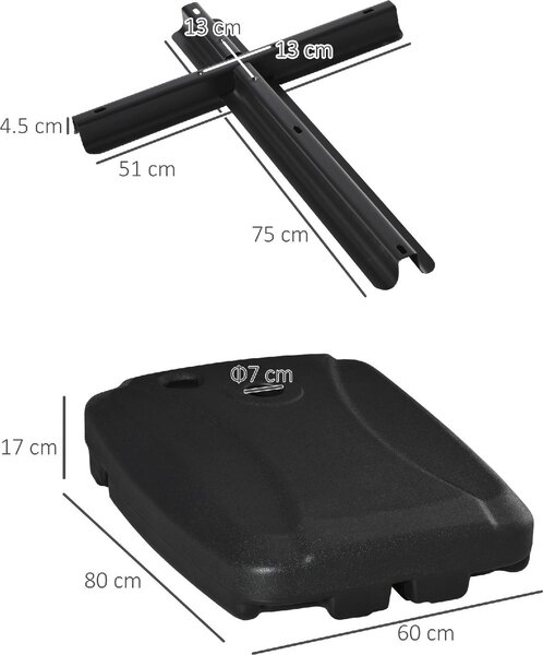 VivaGarden Base per Ombrellone a Braccio Riempibile fino a 75 kg con Base a T Inclusa 80x60x17 cm colore Nero
