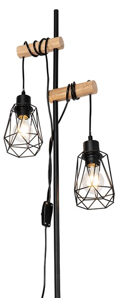Lampada da terra rustica nera con legno 2 luci con paralume - Dami Frame