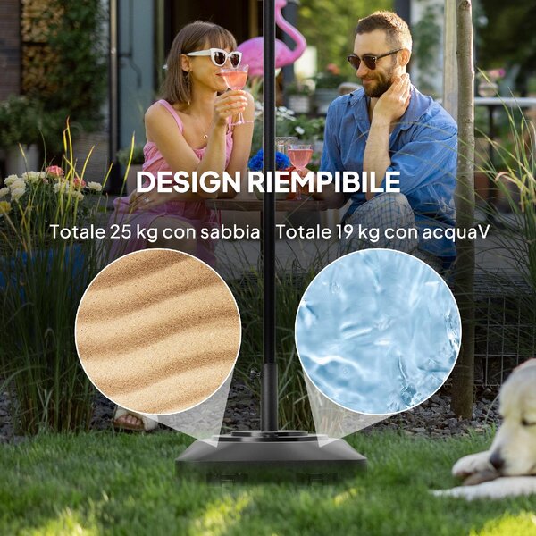 VivaGarden Base per Ombrellone da Giardino a Rotelle Riempibile con Acqua o Sabbia in HDPE 48x48x32.5 cm colore Nero
