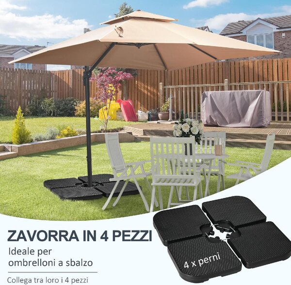 VivaGarden Base per Ombrellone Set 4 Pezzi Impilabili con Maniglie Integrate in HDPE 99.7x99.7x8.3 cm colore Nero