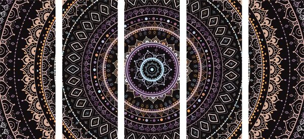 Quadri 5 pezzi – Mandala con motivo del sole in tonalità viola