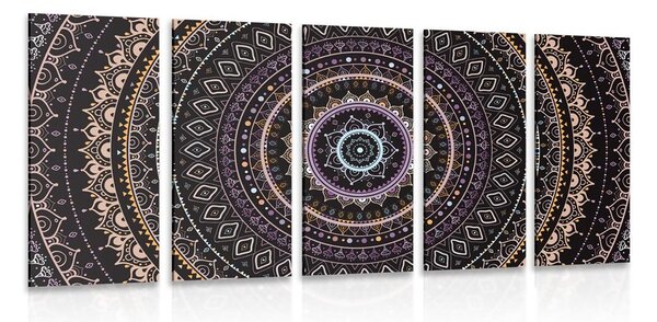Quadri 5 pezzi – Mandala con motivo del sole in tonalità viola