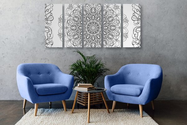 Quadri 5 pezzi – Mandala floreale astratta in bianco e nero