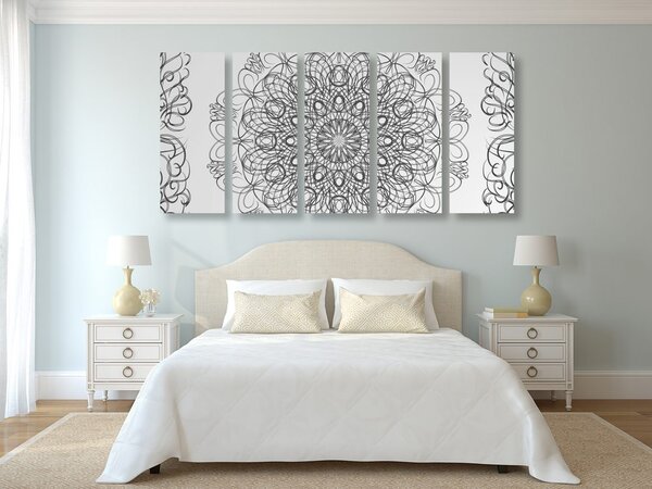 Quadri 5 pezzi – Mandala floreale astratta in bianco e nero
