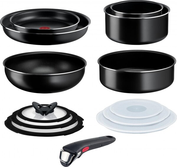 LAGOSTINA Batteria Pentole 13 Pezzi Antiaderenti con Manico Amovibile Salvaspazio in Alluminio colore Nero - Ingenio Easy Start