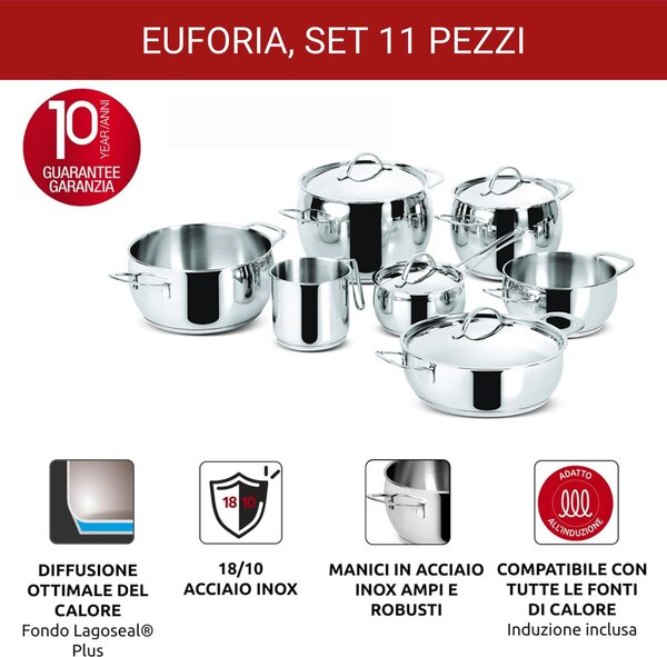 LAGOSTINA Batteria Pentole Induzione 11 Pezzi in Acciaio inox - Euforia