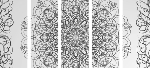 Quadri 5 pezzi – Mandala floreale astratta in bianco e nero