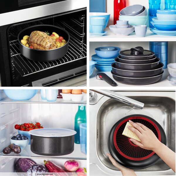 LAGOSTINA Batteria Pentole 13 Pezzi Antiaderenti con Manico Amovibile Salvaspazio in Alluminio colore Nero - Ingenio Easy Start