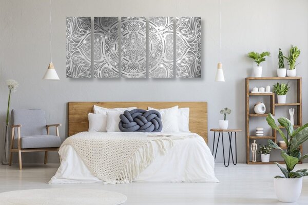 Quadri 5 pezzi – Mandala indiana con sfondo galattico in bianco e nero