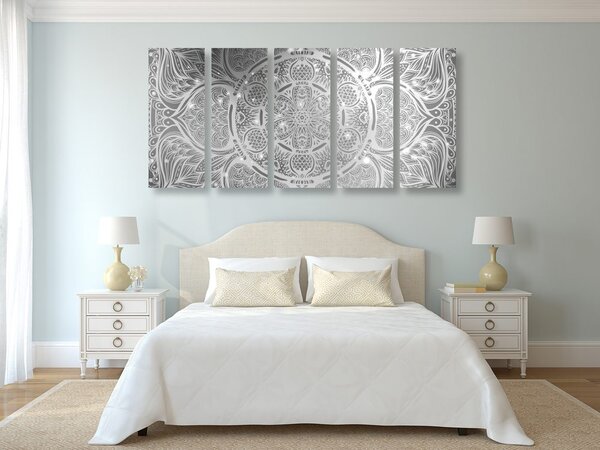 Quadri 5 pezzi – Mandala indiana con sfondo galattico in bianco e nero