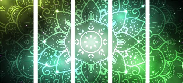 Quadri 5 pezzi – Mandala con sfondo galattico in tonalità di verde