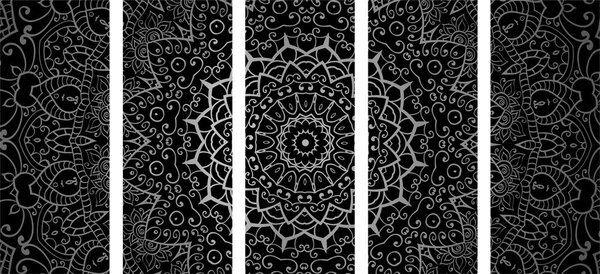 Quadri 5 pezzi – Mandala vintage in stile indiano in bianco e nero