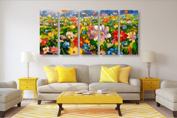 Quadri 5 pezzi – Pittura a olio di fiori di campo