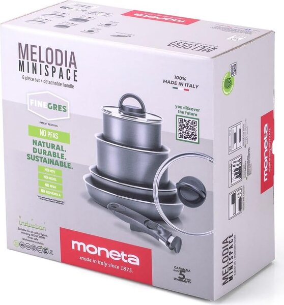 MONETA Batteria Pentole Induzione 7 Pezzi Antiaderenti con Manico Removibile Salvaspazio colore Grigio - Melodia