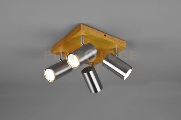 Marley plafoniera 4 spots cilindri acciaio base legno naturale l. 