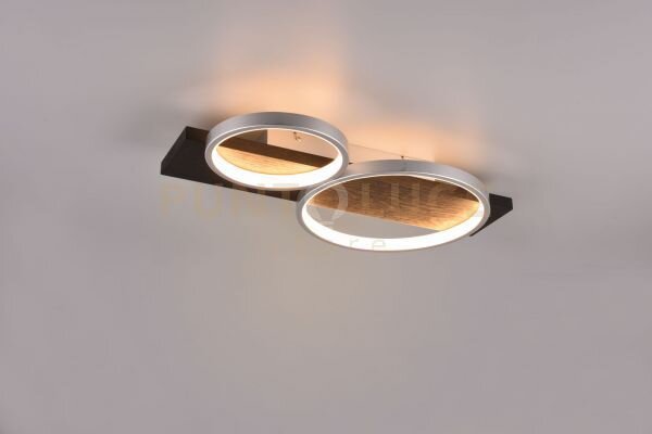 Medera plafoniera 2 cerchi metallo alluminio base legno nero con di