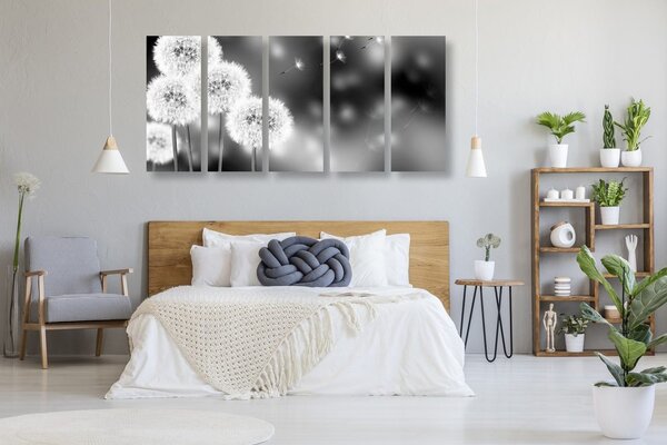 Quadri 5 pezzi – Dente di leone soffice in bianco e nero