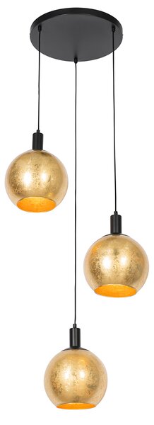 Lampada a sospensione di design nera con vetro dorato 3 luci - Bert