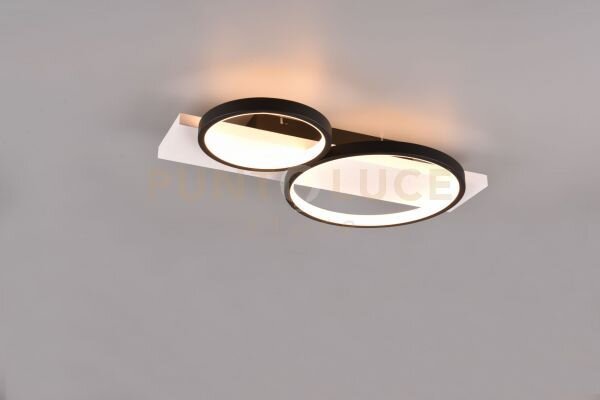 Medera plafoniera 2 cerchi metallo nero base legno bianco con dimme