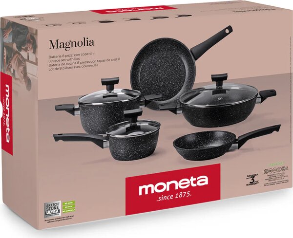 MONETA Batteria Pentole Induzione 8 Pezzi Antiaderenti in Alluminio colore Stone Black - Magnolia