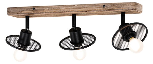 Faretto da soffitto industriale nero con legno 3 luci - Jasmine