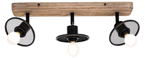 Faretto da soffitto industriale nero con legno 3 luci - Jasmine