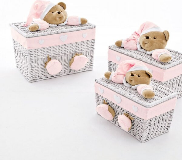 NANAN Baule Portagiochi in Vimini Set 3 Bauli per Bambini colore Rosa - Puccio