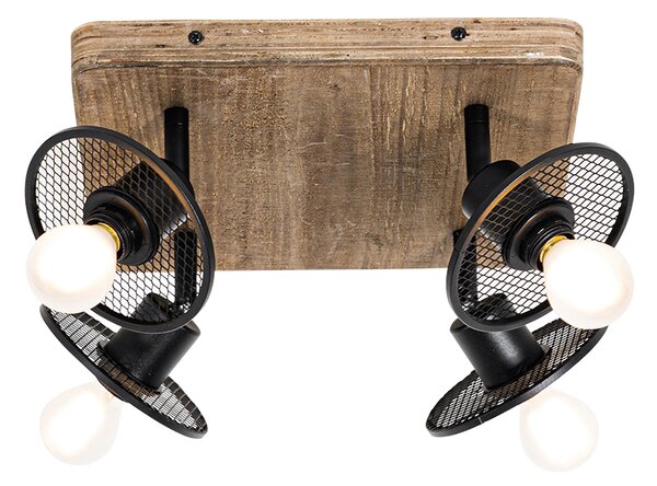 Faretto da soffitto industriale nero con legno 4 luci - Jasmine