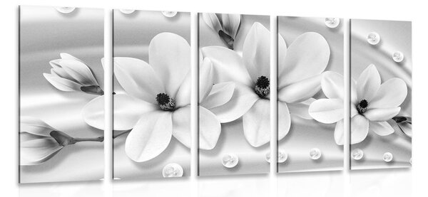 Quadri 5 pezzi – Magnolia di lusso con perle in bianco e nero