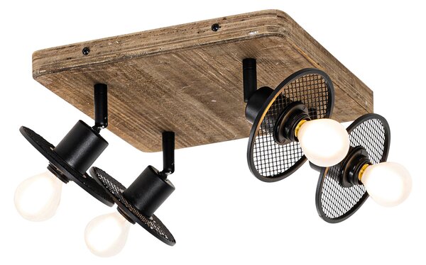 Faretto da soffitto industriale nero con legno 4 luci - Jasmine