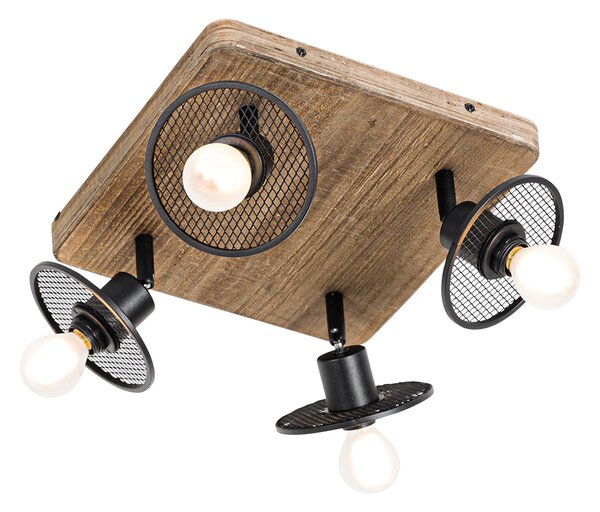 Faretto da soffitto industriale nero con legno 4 luci - Jasmine