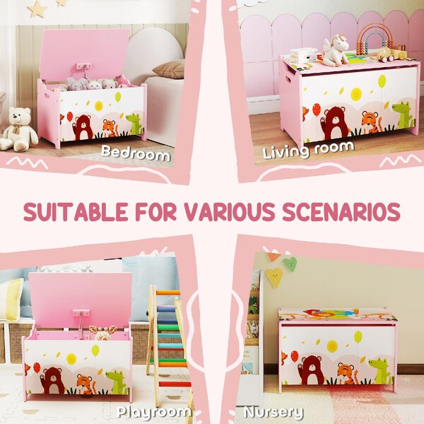 DecHome Baule Portagiochi per Bambini con Cerniere di Sicurezza in Legno con Disegni di Animali, 60x37x39 cm colore Rosa