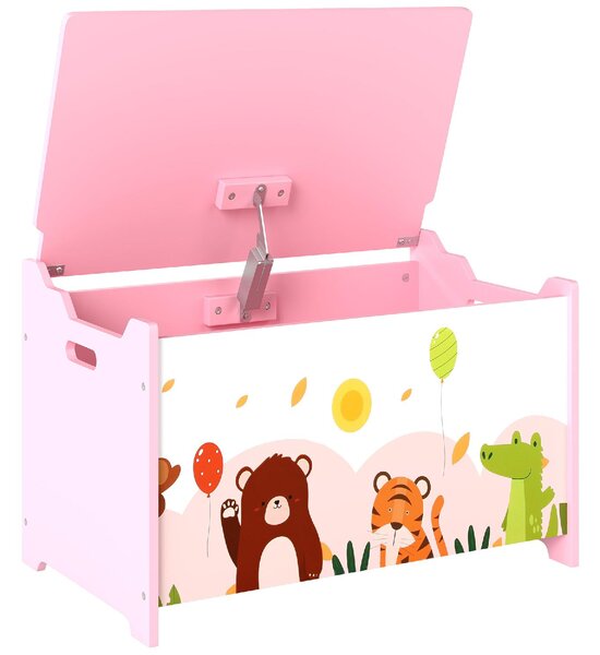 DecHome Baule Portagiochi per Bambini con Cerniere di Sicurezza in Legno con Disegni di Animali, 60x37x39 cm colore Rosa