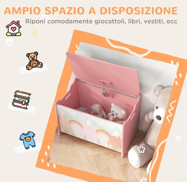 DecHome Baule Portagiochi per Bambini con Coperchio e Cerniera di Sicurezza in MDF 60x37x39 cm colore Rosa