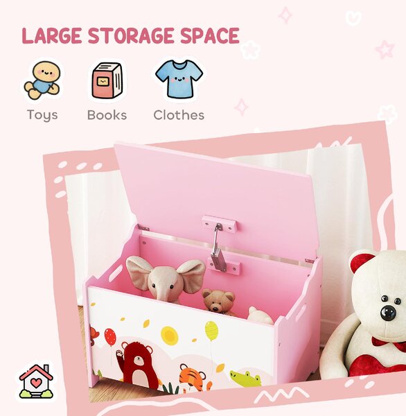 DecHome Baule Portagiochi per Bambini con Cerniere di Sicurezza in Legno con Disegni di Animali, 60x37x39 cm colore Rosa