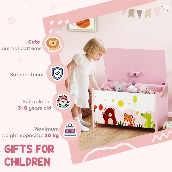 DecHome Baule Portagiochi per Bambini con Cerniere di Sicurezza in Legno con Disegni di Animali, 60x37x39 cm colore Rosa