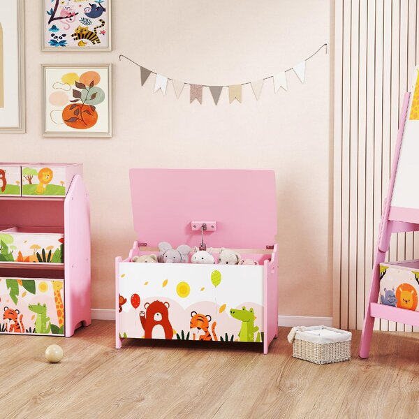 DecHome Baule Portagiochi per Bambini con Cerniere di Sicurezza in Legno con Disegni di Animali, 60x37x39 cm colore Rosa