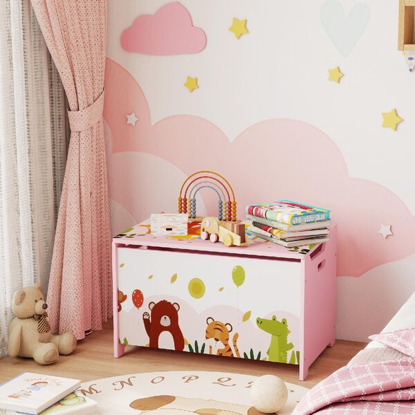 DecHome Baule Portagiochi per Bambini con Cerniere di Sicurezza in Legno con Disegni di Animali, 60x37x39 cm colore Rosa