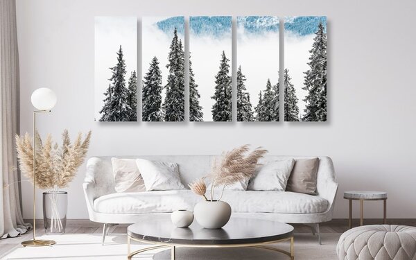 Quadri 5 pezzi – Alberi di pino innevati