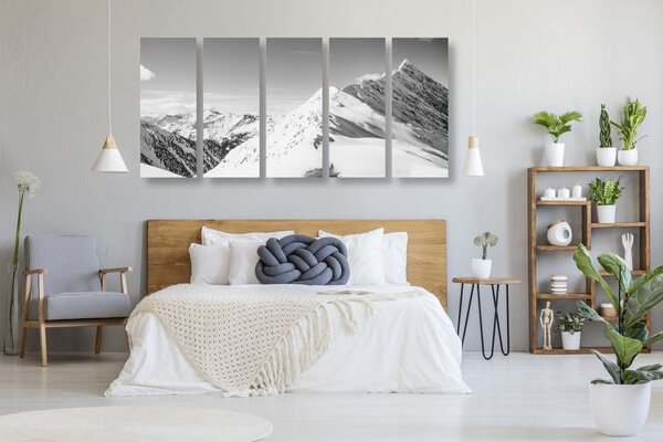 Quadri 5 pezzi – Catena montuosa innevata in bianco e nero